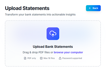 Upload bank statements interface showing drag and drop PDF upload with support for any bank, country, and currency