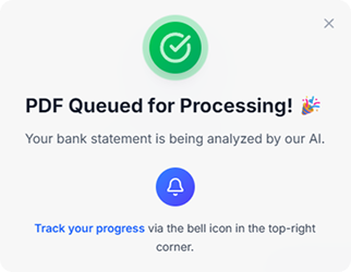 AI processing notification showing PDF queued for analysis with progress tracking